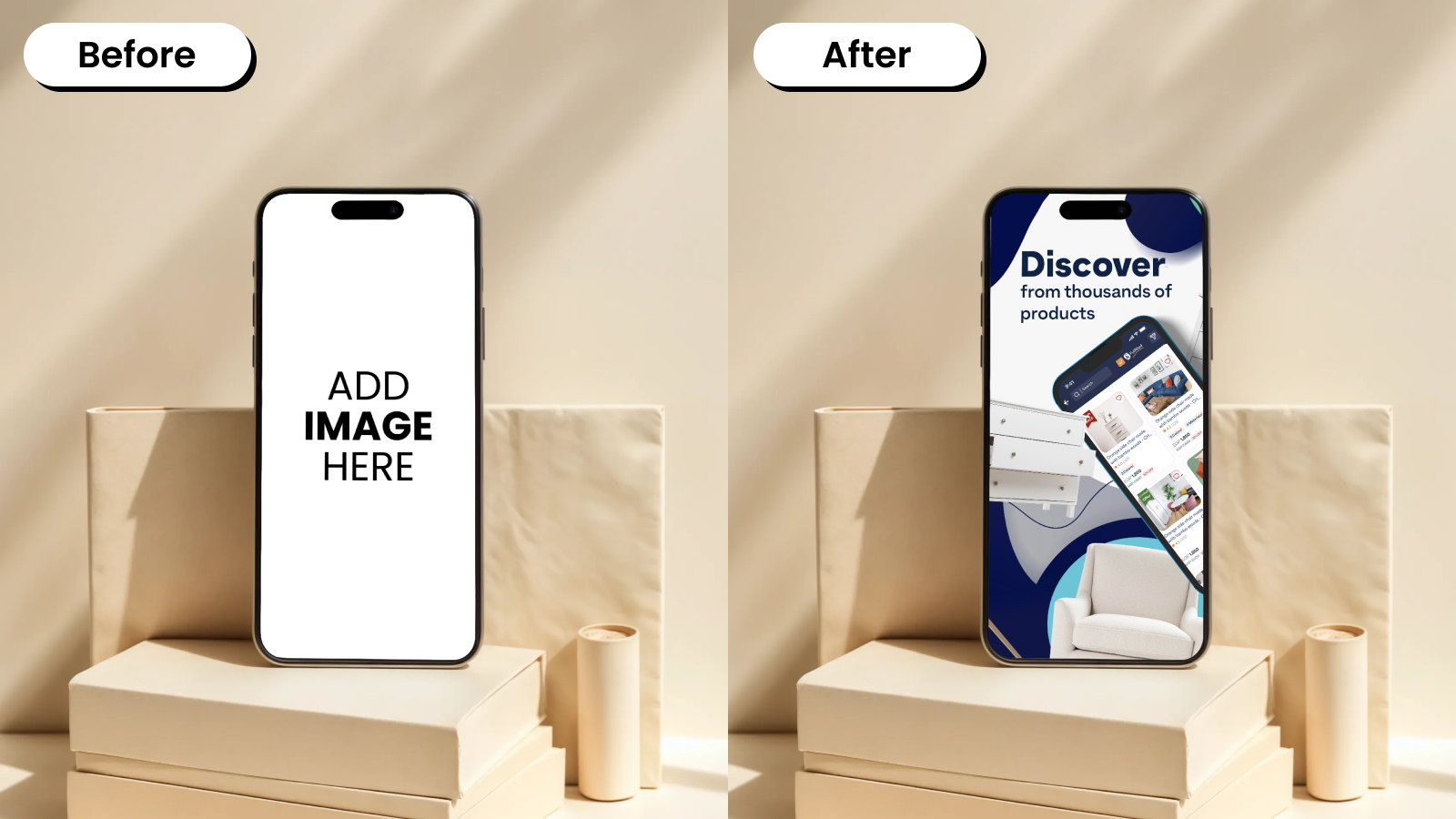 Before and after of an iPhone mockup displayed on stacked neutral blocks in a beige setting